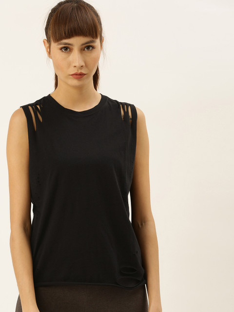 

FOREVER 21 Women Black Solid Top with Cut-Out Detailing
