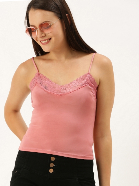 

FOREVER 21 Women Pink Solid Lace Trim Camisole 31118733