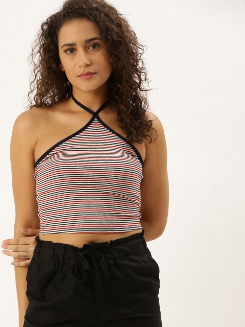 

FOREVER 21 Women White & Navy Blue Striped Halter Neck Fitted Crop Top