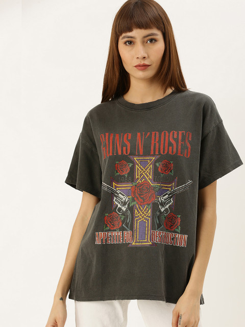 

FOREVER 21 Women Charcoal Grey Printed Round Neck T-shirt