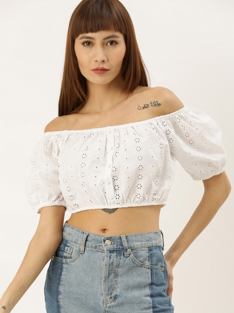 

FOREVER 21 Women White Self Design Schiffli Bardot Crop Pure Cotton Top