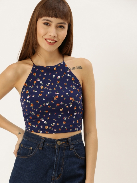 

FOREVER 21 Women Navy Blue & White Floral Printed Fitted Crop Top