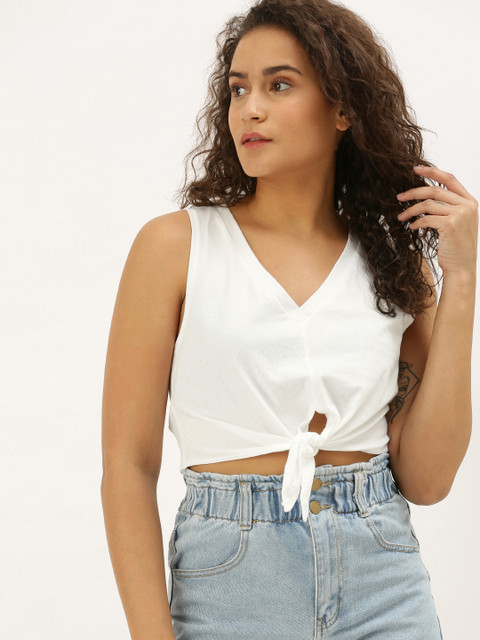

FOREVER 21 Women White Solid Pure Cotton Top with Tie-Ups