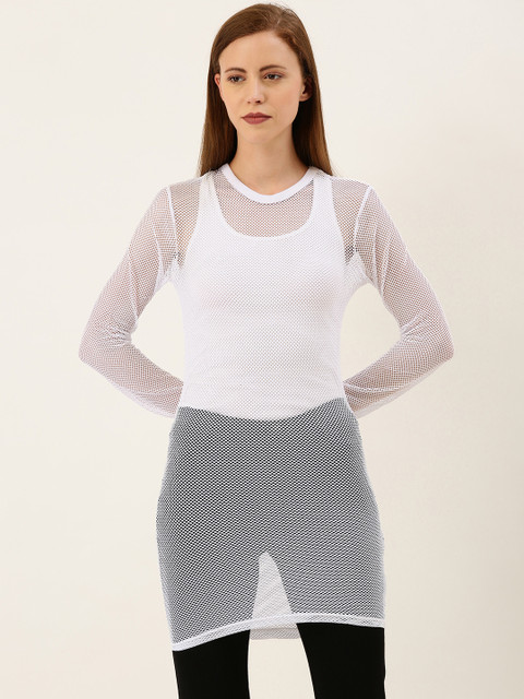 

FOREVER 21 Women White Self Design Fitted Sheer Longline Top