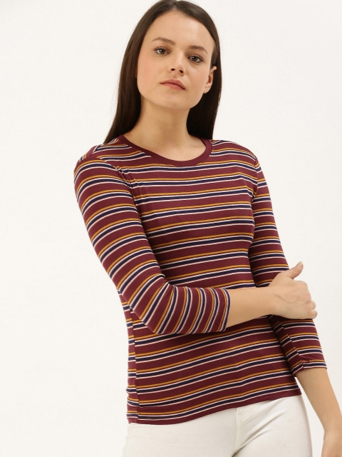 

FOREVER 21 Women Maroon & Mustard Yellow Striped Round Neck T-shirt