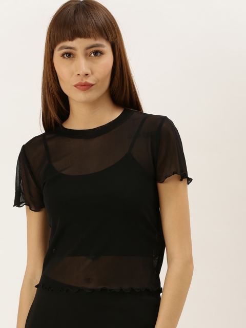 

FOREVER 21 Women Black Solid Lettuce Edge Semi-Sheer Fitted Top