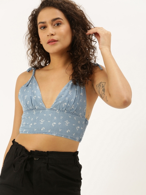 

FOREVER 21 Women Blue & White Ditsy Floral Printed Chambray Bralette Top