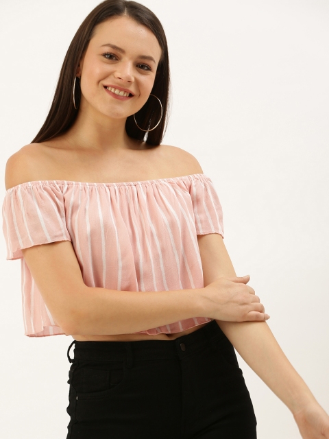 

FOREVER 21 Women Pink & Off-White Striped Off-Shoulder Bardot Cropped Top