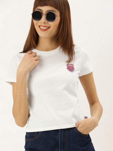 

FOREVER 21 Women White Solid Round Neck T-shirt With Embroidered Detailing