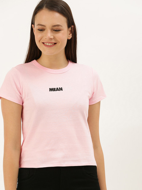 

FOREVER 21 Women Pink Solid Pure Cotton T-shirt with Embroidery