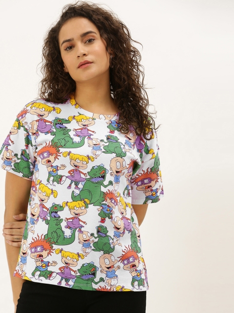 

FOREVER 21 Women White & Green Rugrats Printed Round Neck T-shirt