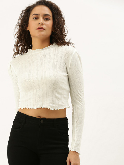 

FOREVER 21 Women White Self Design Knitted Fitted Crop Top With Lettuce Edges
