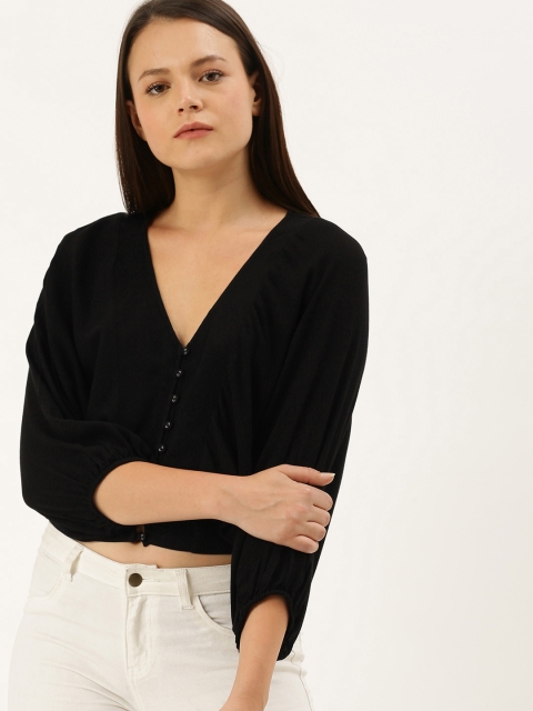 

FOREVER 21 Women Black Solid Cropped Panelled Blouson Top With Gathered Detailing