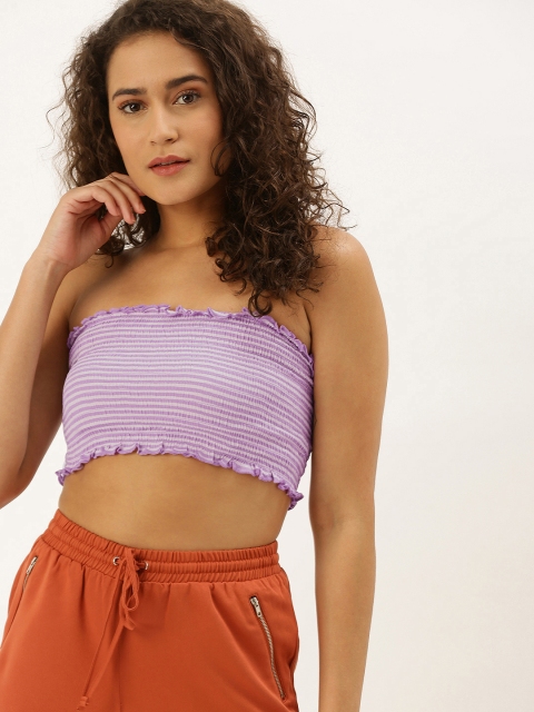 

FOREVER 21 Women Purple & White Striped Tube Crop Top