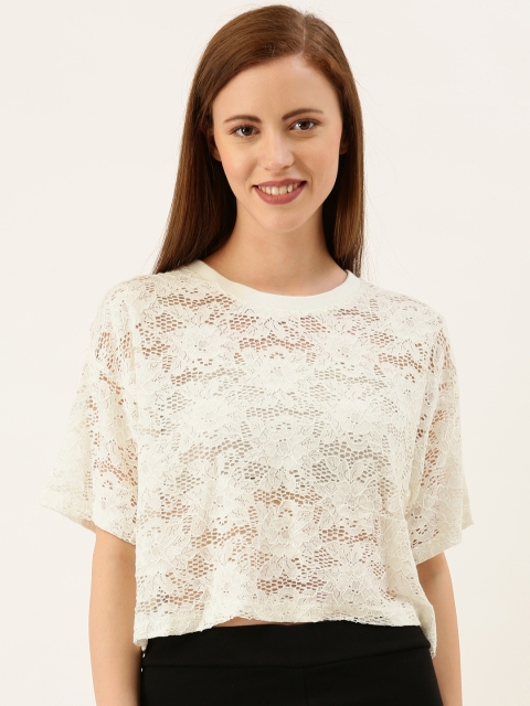 

FOREVER 21 Women White Self Design Sheer Lace Top