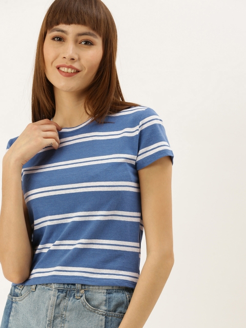 

FOREVER 21 Women Blue & White Striped Round Neck T-shirt