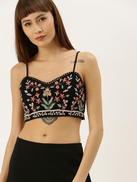 

FOREVER 21 Women Black & Red Embroidered Bralette Top