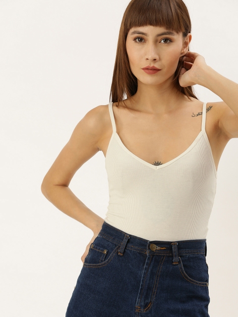 

FOREVER 21 Women White Ribbed Bodysuit