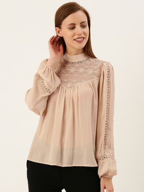 

FOREVER 21 Women Taupe Solid Lace Inserts Top