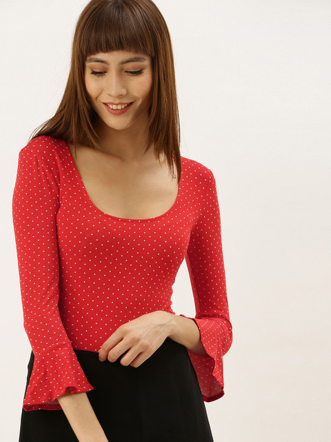 

FOREVER 21 Women Red & White Printed Bell Sleeved Bodysuit