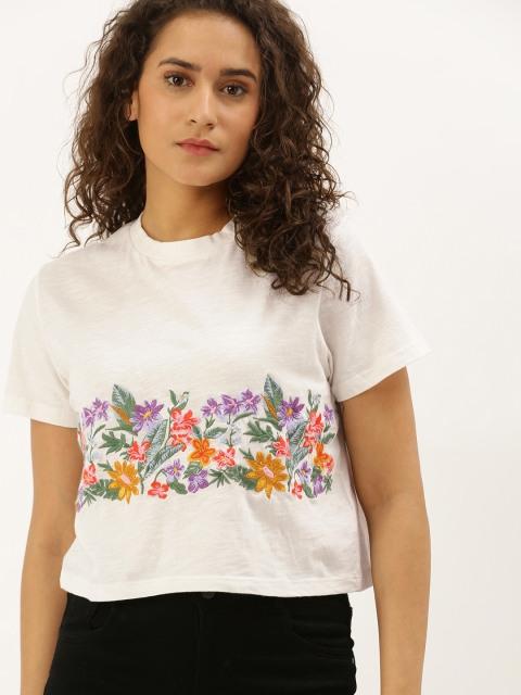 

FOREVER 21 Women White Floral Embroidered Crop Top