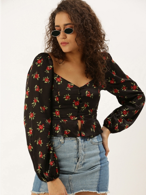 

FOREVER 21 Black & Red Floral Sweetheart Neck Peplum Crop Top