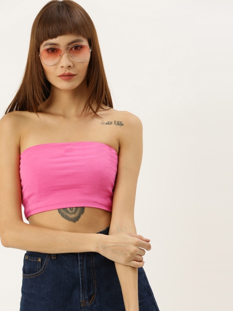 

FOREVER 21 Women Pink Solid Tube Crop Top