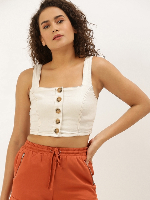 

FOREVER 21 Women Beige Solid Crop Top