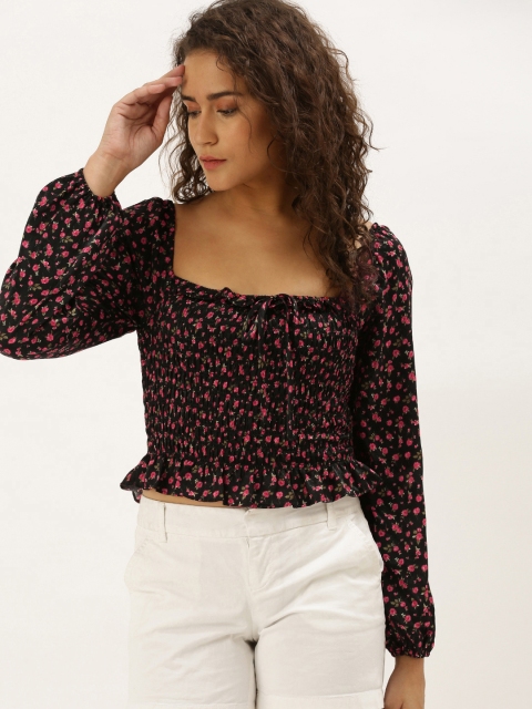 

FOREVER 21 Women Black & Red Floral Printed Smocking Fitted Crop Top
