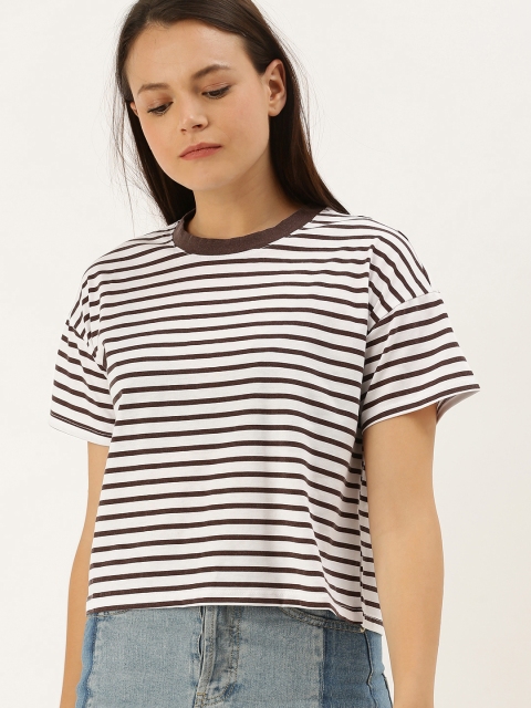 

FOREVER 21 Women White & Burgundy Round Neck Striped T-shirt