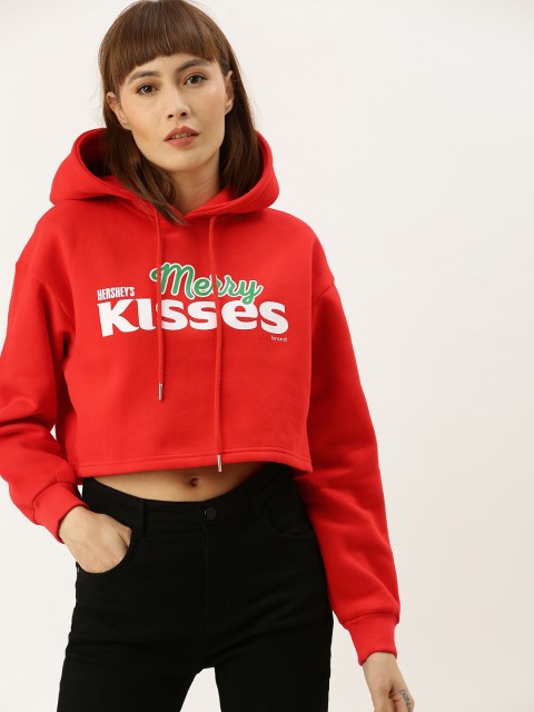 

FOREVER 21 Women Red Printed Hooded Crop Sweatshirt