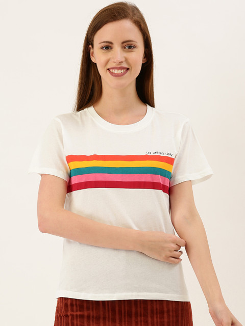 

FOREVER 21 Women White & Pink Striped Round Neck T-shirt