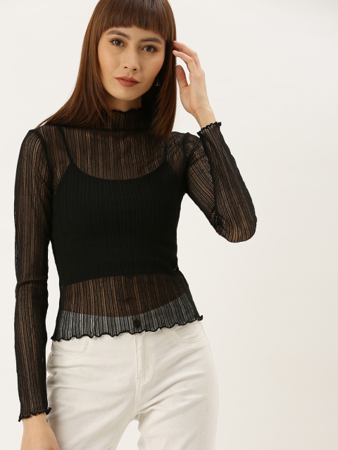 

FOREVER 21 Women Black Self Striped Sheer Fitted Top With Lettuce Edge