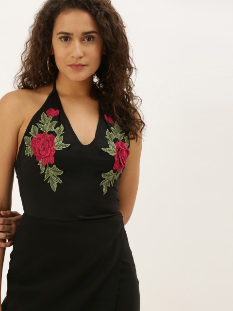 

FOREVER 21 Women Floral Black Embroidered Halter Neck Bodysuit