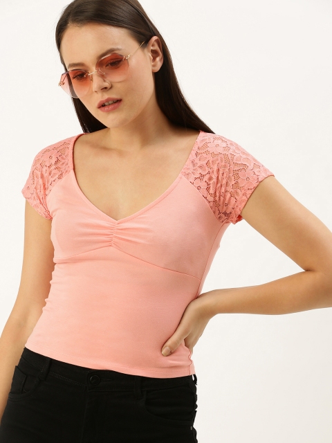 

FOREVER 21 Women Pink Solid Knitted Fitted Top with Lace Inserts