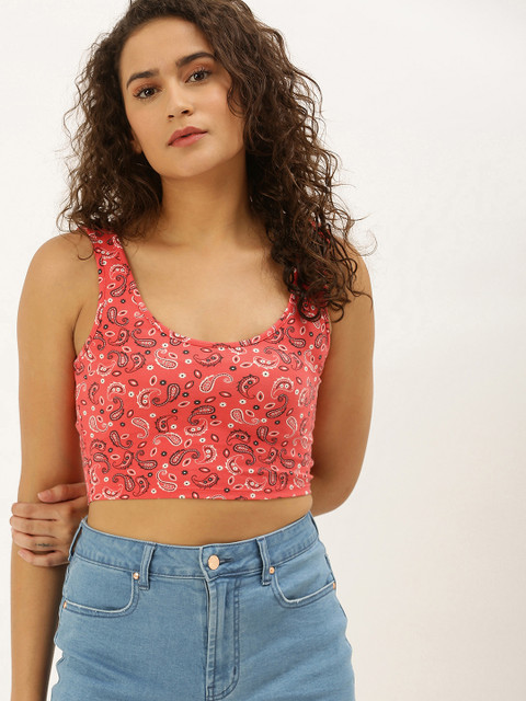 

FOREVER 21 Women Coral Red & White Printed Knitted Cropped Fitted Top