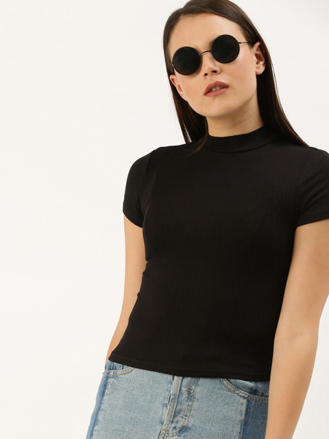 

FOREVER 21 Women Black Self-Striped Fitted Top