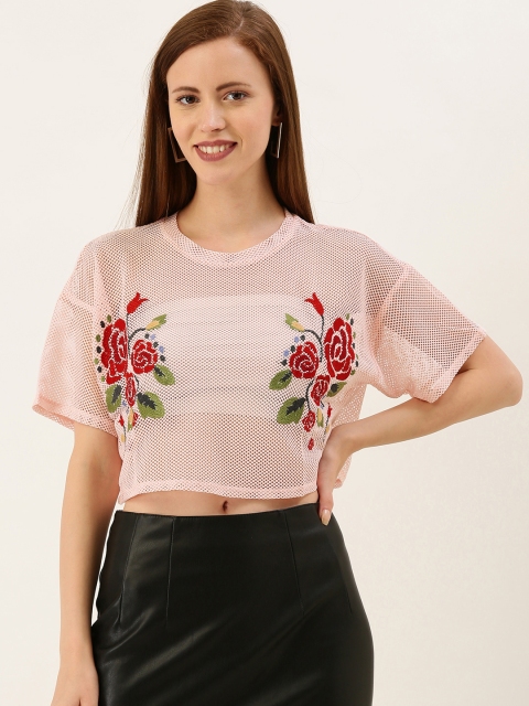 

FOREVER 21 Women Pink Embroidered Sheer Crop Top