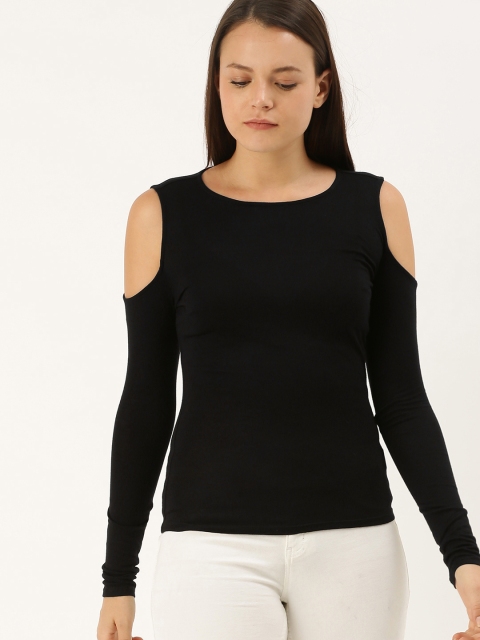 

FOREVER 21 Women Black Solid Cold-Shoulder Sleeves Fitted Top