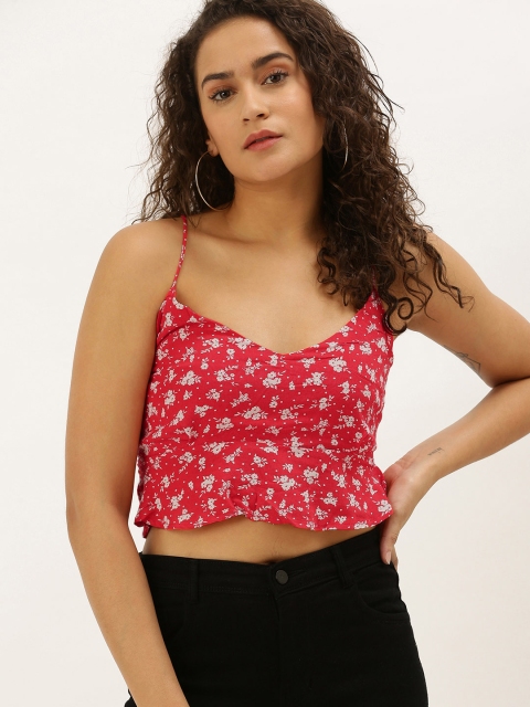 

FOREVER 21 Women Red & White Floral Printed Cropped Peplum Top