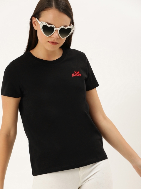 

FOREVER 21 Women Black Solid Round Neck T-shirt