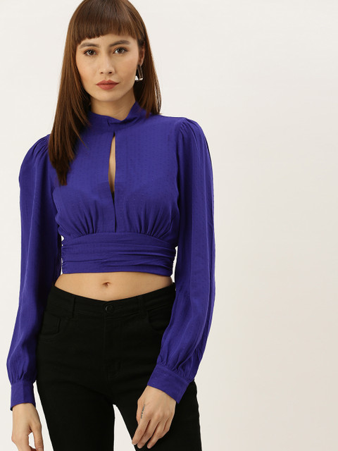 

FOREVER 21 Women Blue Self Design Styled Back Top