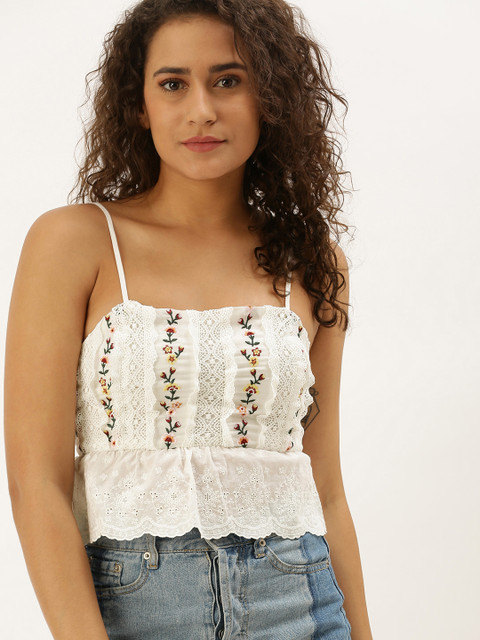 

FOREVER 21 Women White Embroidered Cropped Peplum Top