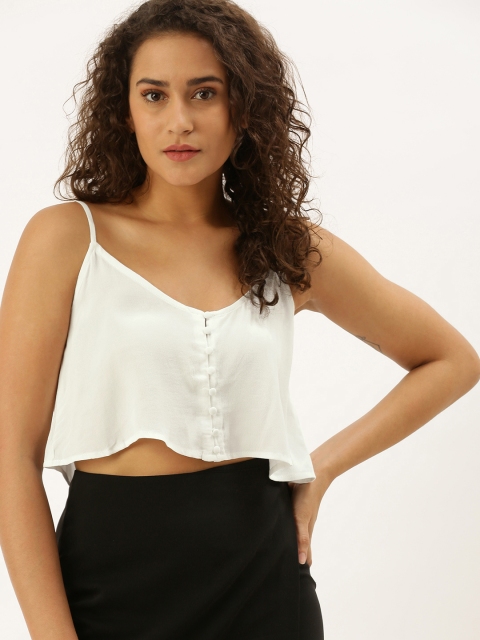 

FOREVER 21 Women White Solid Cropped A-Line Top