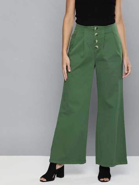 

HERE&NOW Women Olive Green Twill Flared Solid Regular Trousers