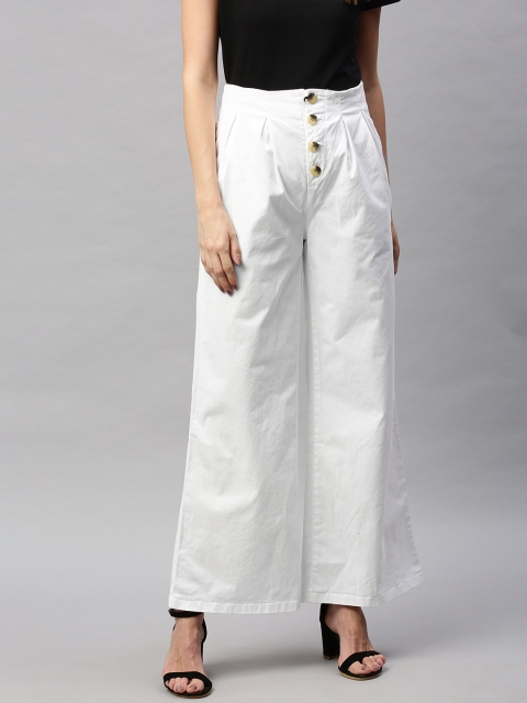 

HERE&NOW Women White Regular Fit Solid Pleated Parallel Trousers