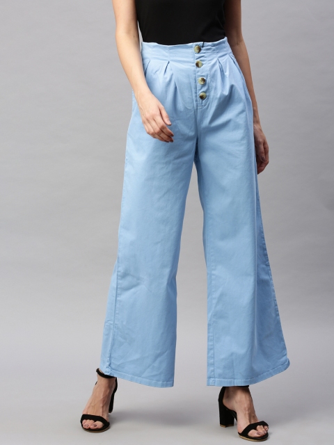 

HERE&NOW Women Blue Regular Fit Solid Pleated Parallel Trousers