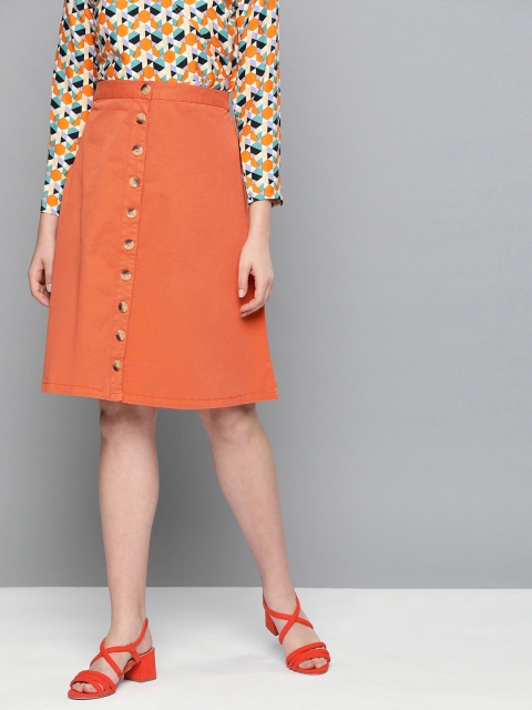 

HERE&NOW Women Rust Orange Solid A-Line Chino Skirt