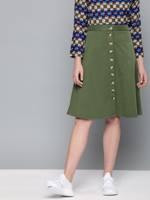 

HERE&NOW Women Olive Green Solid A-Line Chino Skirt