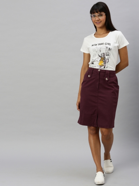 

HERE&NOW Women Burgundy Solid Pencil Skirt